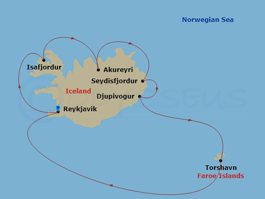 7 Night - A Journey to Untamed Icelandic Shores, Black-Sand Beaches & Rainbow Streets - EXPLORA IV - Starting in Reykjavik, Isafjordur, Akureyri, Seydisfjordur, Djupivogur, Torshavn, Reykjavik itinerary map