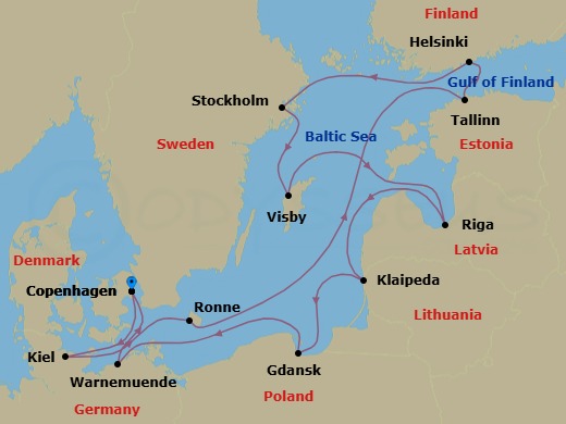 14 Night - An Extended Journey of Baltic Romance, Artistic Discovery & Norse Sagas - EXPLORA V - Starting in Copenhagen, Kiel, Ronne, Tallinn, Helsinki, Stockholm, Visby (Gotland), Riga, Klaipeda, Gdansk (Gdynia), Berlin / Warnemunde, Copenhagen itinerary map
