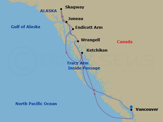 8 Night - A Journey to the Rugged Landscapes of Alaska - EXPLORA III - Starting in Vancouver, Wrangell, Juneau, Skagway, Sailing the Tracy Arm Fjord, Endicott Arm (Dawes Glacier), Ketchikan, Vancouver itinerary map