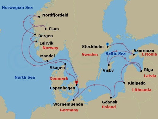 16 Night - An Extended Journey Through Vibrant Baltic Heritage & Nordic Beauty - EXPLORA V - Starting in Stockholm, Saaremaa, Visby (Gotland), Riga, Klaipeda, Gdansk (Gdynia), Berlin / Warnemunde, Copenhagen, Flam, Norway, Nordfjordeid, Bergen, Leirvik, Mandal, Skagen, Copenhagen itinerary map
