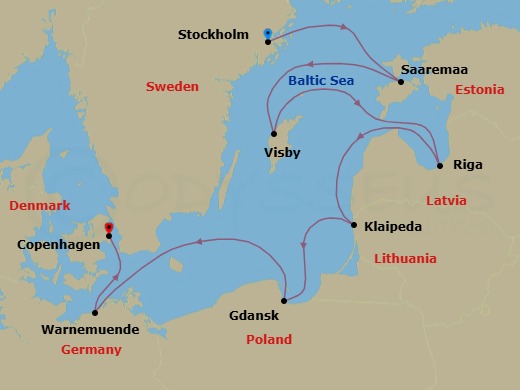 8 Night - A Journey Through Baltic Isles, Historic Cities & Scenic Shorelines - EXPLORA V - Starting in Stockholm, Saaremaa, Visby (Gotland), Riga, Klaipeda, Gdansk (Gdynia), Berlin / Warnemunde, Copenhagen itinerary map