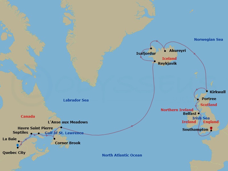 18 Night - A Grand Journey Through Glacial Landscapes, Ancient Monuments & Lively Port Towns - EXPLORA IV - Starting in Quebec City, La Baie (Saguenay), Sept-Iles, Havre-Saint-Pierre, Corner Brook, Lanse Aux Meadows (Newfoundland Island), Reykjavik, Isafjordur, Akureyri, Kirkwall, Portree, Belfast, Southampton itinerary map