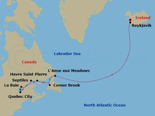 10 Night - A Grand Journey from the Wilds of Canada to Iceland's Volcanic Lands - EXPLORA IV - Starting in Quebec City, La Baie (Saguenay), Sept-Iles, Havre-Saint-Pierre, Corner Brook, Lanse Aux Meadows (Newfoundland Island), Reykjavik itinerary map