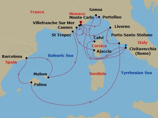 16 Night - An Extended Journey Through Riviera Glamour, Tuscan Elegance & Corsican Beauty - EXPLORA II - Starting in Civitavecchia (Rome), Calvi (Corsica), Genoa, Portofino, Monte Carlo, Saint-Tropez, Mahon (Menorca), Barcelona, Palma De Mallorca, Porto Santo Stefano (Argentario), Livorno (Florence), Villefranche-Sur-Mer (Nice), Cannes, Ajaccio (Corsica), Civitavecchia (Rome), Monte Carlo itinerary map