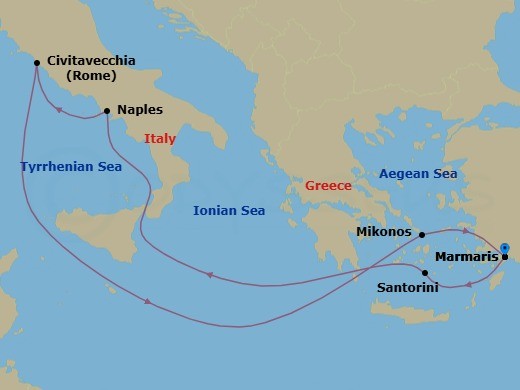7 Night - Mediterranean - MSC Divina - Starting in Marmaris, Turkey, Santorini, Greece, Naples (Pompeii), Italy, Civitavecchia (Rome), Italy, Mykonos, Greece, Marmaris, Turkey itinerary map
