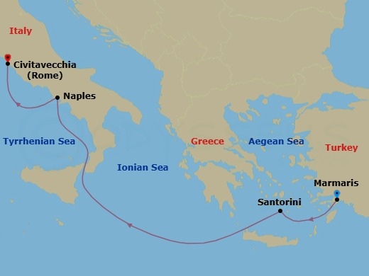 4 Night - Mediterranean - MSC Divina - Starting in Marmaris, Turkey, Santorini, Greece, Naples (Pompeii), Italy, Civitavecchia (Rome), Italy itinerary map