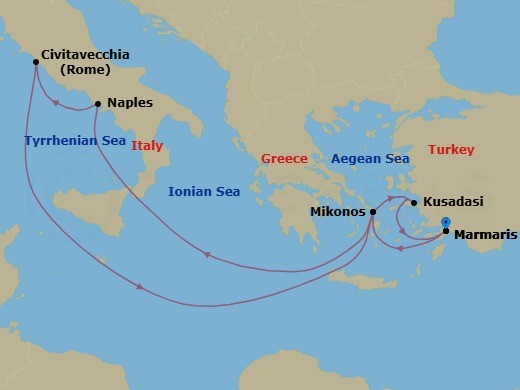8 Night - Mediterranean - MSC Divina - Starting in Marmaris, Turkey, Mykonos, Greece, Naples (Pompeii), Italy, Civitavecchia (Rome), Italy, Mykonos, Greece, Kusadasi, Turkey, Marmaris, Turkey itinerary map