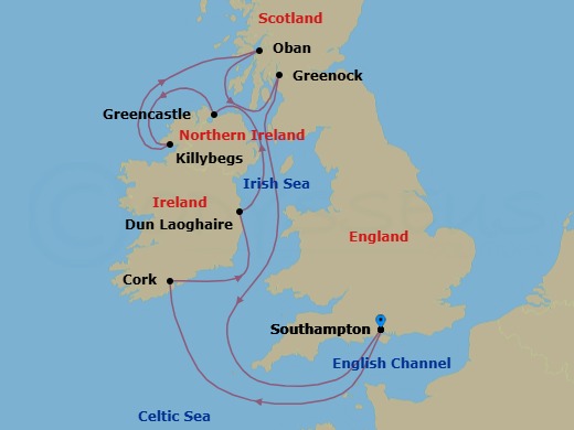 9 Night - A Journey of Wild Celtic Legends & Untamed Northern Shores - EXPLORA IV - Starting in Southampton, Cork, Dun Laoghaire, Greencastle (County Donegal), Killybegs (County Donegal), Oban UK, Glasgow (Greenock), Southampton itinerary map