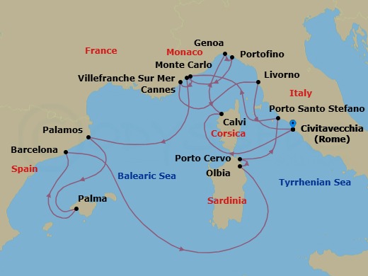 14 Night - An Extended Journey to Dazzling Habours & Renaissance Marvels - EXPLORA II - Starting in Civitavecchia (Rome), Calvi (Corsica), Genoa, Portofino, Villefranche-Sur-Mer (Nice), Palamos, Palma De Mallorca, Barcelona, Olbia (Sardinia), Porto Cervo (Sardinia), Porto Santo Stefano (Argentario), Monte Carlo, Cannes, Livorno (Florence), Civitavecchia (Rome) itinerary map