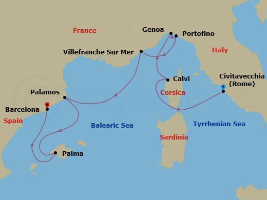 7 Night - A Journey from Roman Shores to Contemporary Catalan Flair - EXPLORA II - Starting in Civitavecchia (Rome), Calvi (Corsica), Genoa, Portofino, Villefranche-Sur-Mer (Nice), Palamos, Palma De Mallorca, Barcelona itinerary map