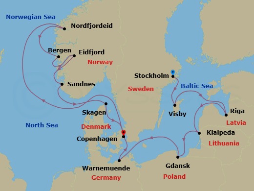 14 Night - An Extended Journey of Medieval Marvels, Breathtaking Forests & Northern Shorelines - EXPLORA V - Starting in Stockholm, Visby (Gotland), Riga, Klaipeda, Gdansk (Gdynia), Berlin / Warnemunde, Copenhagen, Nordfjordeid, Bergen, Eidfjord, Sandnes, Skagen, Copenhagen itinerary map