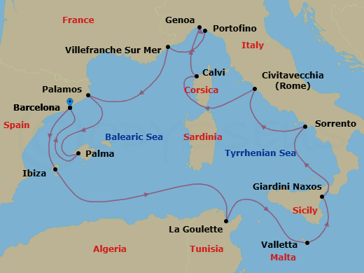 14 Night - An Extended Journey from Mediterranean Icons to Balearic Bliss - EXPLORA II - Starting in Barcelona, Ibiza, Tunis / La Goulette, La Valletta, Giardini Naxos, Sorrento, Civitavecchia (Rome), Calvi (Corsica), Genoa, Portofino, Villefranche-Sur-Mer (Nice), Palamos, Palma De Mallorca, Barcelona itinerary map