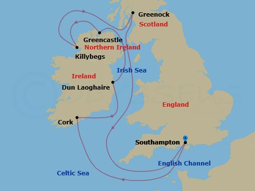 8 Night - A Journey of Gaelic Castles, Literary Treasures & Ancient Fortresses - EXPLORA IV - Starting in Southampton, Cork, Dun Laoghaire, Greencastle (County Donegal), Killybegs (County Donegal), Glasgow (Greenock), Southampton itinerary map