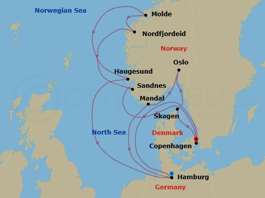 14 Night - An Extended Journey of Quaint Harbours, Lively Port Cities & Tranquil Shores - EXPLORA V - Starting in Hamburg, Haugesund, Molde, Nordfjordeid, Sandnes, Copenhagen, Skagen, Oslo, Mandal, Hamburg, Copenhagen itinerary map
