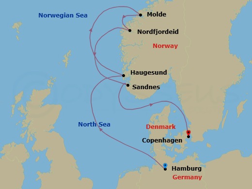 7 Night - A Journey of Northern Harmony & Tranquil Fjords - EXPLORA V - Starting in Hamburg, Haugesund, Molde, Nordfjordeid, Sandnes, Copenhagen itinerary map