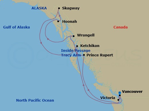10 Night - A Journey of Wild Canadian Shorelines, Indigenous Discovery & Alaskan Wonder - EXPLORA III - Starting in Vancouver, Wrangell, Hoonah, Skagway, Sailing the Tracy Arm Fjord, Ketchikan, Prince Rupert, Victoria CA, Vancouver itinerary map