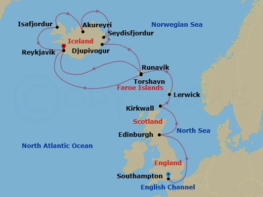 14 Night - An Extended Journey Through Highland Adventures, Volcanic Landscapes & Untamed Fjords - EXPLORA IV - Starting in Southampton, Edinburgh, Kirkwall, Lerwick (Shetland Islands), Runavik (Eysturoy), Reykjavik, Isafjordur, Akureyri, Seydisfjordur, Djupivogur, Torshavn, Reykjavik itinerary map