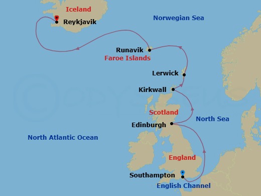 7 Night - A Journey from Historic Coast to the Majestic Landscapes of Iceland - EXPLORA IV - Starting in Southampton, Edinburgh, Kirkwall, Lerwick (Shetland Islands), Runavik (Eysturoy), Reykjavik itinerary map