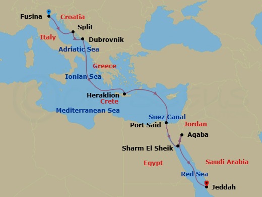 11 Night - A Journey of Gilded Cities, Bustling Ports & Desert Marvels - EXPLORA IV - Starting in Fusina (Venice), Split, Dubrovnik, Croatia, Heraklion, Crete, Port Said, Crossing the Suez Canal, Sharm El-Sheikh, Aqaba (Petra), Jeddah itinerary map