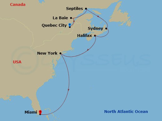11 Night - A Journey from East Coast Wilderness to Iconic Urban Wonders - EXPLORA V - Starting in Quebec City, La Baie (Saguenay), Sept-Iles, Sydney CA, Halifax, New York City, Miami itinerary map