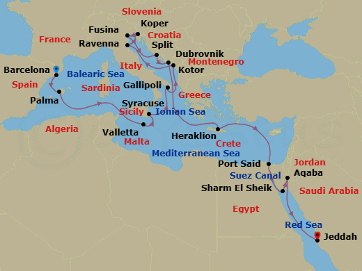 21 Night - A Grand Journey of Historic European Landmarks & Arabian Wonders - EXPLORA IV - Starting in Barcelona, Palma De Mallorca, La Valletta, Siracusa (Sicily), Gallipoli, Kotor, Ravenna, Koper, Fusina (Venice), Split, Dubrovnik, Croatia, Heraklion, Crete, Port Said, Crossing the Suez Canal, Sharm El-Sheikh, Aqaba (Petra), Jeddah itinerary map