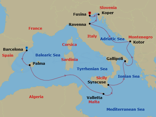 10 Night - A Journey from the Vibrant Shores of Catalonia to the Grandeur of Venice - EXPLORA IV - Starting in Barcelona, Palma De Mallorca, La Valletta, Siracusa (Sicily), Gallipoli, Kotor, Ravenna, Koper, Fusina (Venice) itinerary map