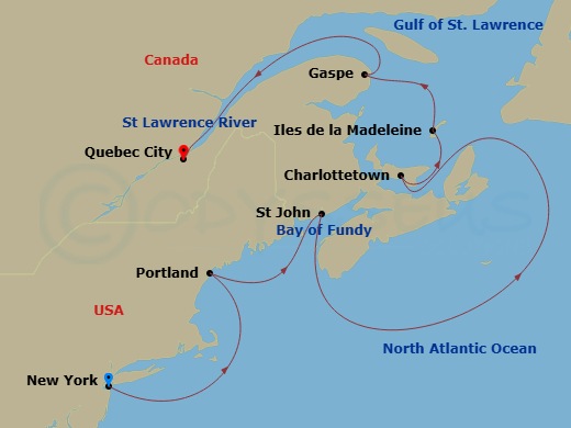 10 Night - A Journey Through Sublime Scenery & Cultural Treasures - EXPLORA V - Starting in New York City, Portland ME, Saint John NB (Bay of Fundy), Charlottetown, Prince Edward Island, Iles De La Madeleine, Gaspe, Quebec City itinerary map