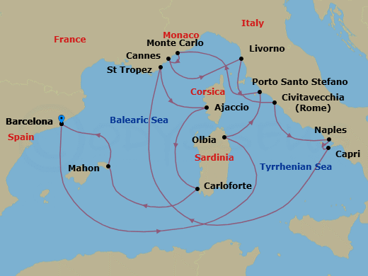 14 Night - An Extended Journey of Glamour, Grandeur and Island Escape - EXPLORA II - Starting in Barcelona, Olbia (Sardinia), Porto Santo Stefano (Argentario), Monte Carlo, Cannes, Livorno (Florence), Civitavecchia (Rome), Port of Naples, Capri, Saint-Tropez, Ajaccio (Corsica), Carloforte, Mahon (Menorca), Barcelona itinerary map