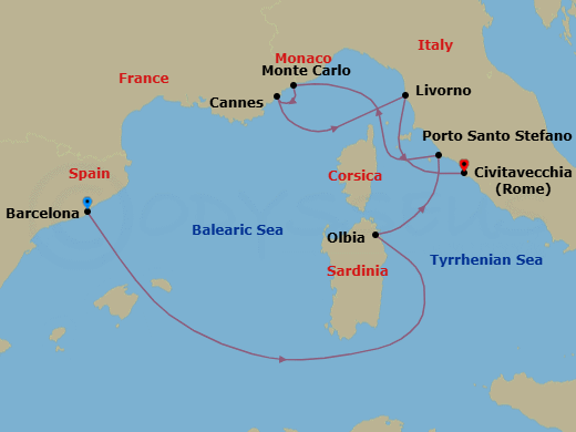 7 Night - A Journey of Mediterranean Elegance from Secluded Coves to Renaissance Splendour - EXPLORA II - Starting in Barcelona, Olbia (Sardinia), Porto Santo Stefano (Argentario), Monte Carlo, Cannes, Livorno (Florence), Civitavecchia (Rome) itinerary map