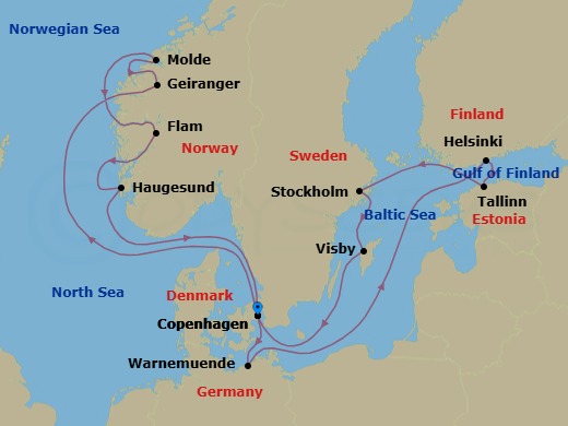 14 Night - An Extended Journey from Norway's Majestic Waterways to Baltic Treasures - EXPLORA IV - Starting in Copenhagen, Geiranger, Norway, Molde, Flam, Norway, Haugesund, Copenhagen, Berlin / Warnemunde, Helsinki, Tallinn, Stockholm, Visby (Gotland), Copenhagen itinerary map
