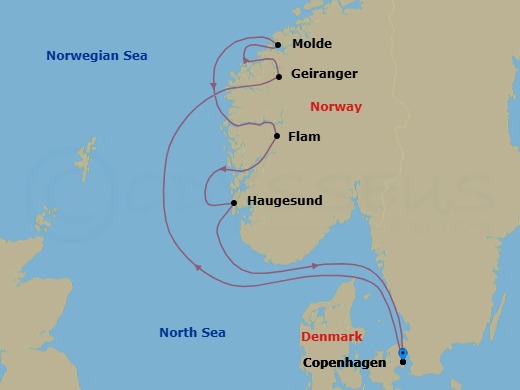 7 Night - A Journey from Historic Copenhagen to the Norway's Viking Legends - EXPLORA IV - Starting in Copenhagen, Geiranger, Norway, Molde, Flam, Norway, Haugesund, Copenhagen itinerary map
