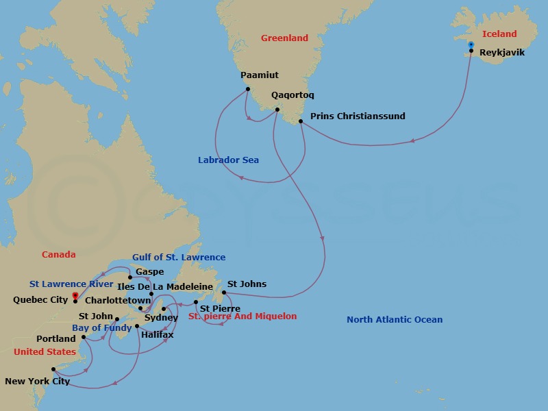 23 Night - A Grand Journey of Majestic Glaciers, Rugged Shores & Arctic Wilderness - EXPLORA V - Starting in Reykjavik, Sailing Prince Christian Sund, Paamiut, Qaqortoq (Julianehab), St Johns NF, Newfoundland, St Pierre, Sydney CA, Halifax, New York City, Portland ME, Saint John NB (Bay of Fundy), Charlottetown, Prince Edward Island, Iles De La Madeleine, Gaspe, Quebec City itinerary map