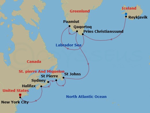 13 Night - A Journey from Greenlandic Treasures to Urban Allure - EXPLORA V - Starting in Reykjavik, Sailing Prince Christian Sund, Paamiut, Qaqortoq (Julianehab), St Johns NF, Newfoundland, St Pierre, Sydney CA, Halifax, New York City itinerary map