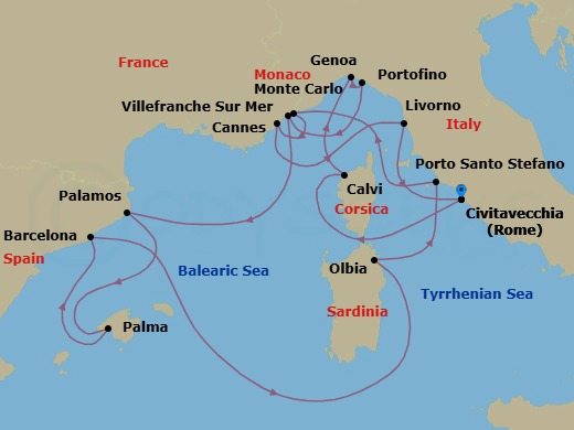 14 Night - An Extended Journey Through Sunlit Harbours, Alluring Port Cities & Scenic Islands - EXPLORA II - Starting in Civitavecchia (Rome), Calvi (Corsica), Genoa, Portofino, Villefranche-Sur-Mer (Nice), Palamos, Palma De Mallorca, Barcelona, Olbia (Sardinia), Porto Santo Stefano (Argentario), Monte Carlo, Cannes, Livorno (Florence), Civitavecchia (Rome) itinerary map