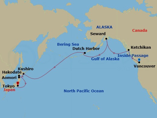 17 Night - A Grand Journey Through Pacific Frontiers to the Heart of Japan - EXPLORA III - Starting in Vancouver, Ketchikan, Seward, Dutch Harbor, Kushiro, Aomori, Hakodate, Tokyo itinerary map