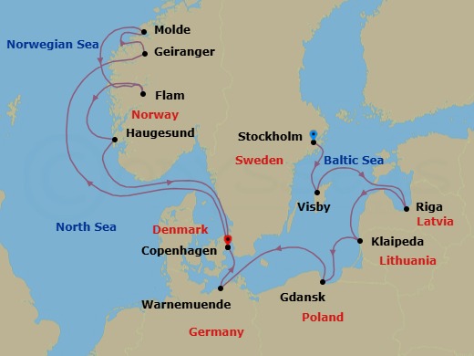 14 Night - An Extended Journey Through Baltic Legends and Norway's Fjordland - EXPLORA IV - Starting in Stockholm, Visby (Gotland), Riga, Klaipeda, Gdansk (Gdynia), Berlin / Warnemunde, Copenhagen, Geiranger, Norway, Molde, Flam, Norway, Haugesund, Copenhagen itinerary map
