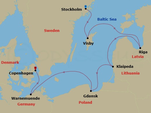 7 Night - A Journey of Baltic Heritage, Wondrous Waterways & Port Town Rhythms - EXPLORA IV - Starting in Stockholm, Visby (Gotland), Riga, Klaipeda, Gdansk (Gdynia), Berlin / Warnemunde, Copenhagen itinerary map