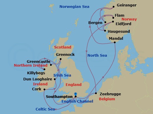 19 Night - An Extended Journey of Canal Cities, Ancient Castles & Sun-Kissed Harbours - EXPLORA IV - Starting in Southampton, Mandal, Geiranger, Norway, Bergen, Flam, Norway, Haugesund, Eidfjord, Bruges (Zeebrugge), Southampton, Cork, Dun Laoghaire, Greencastle (County Donegal), Killybegs (County Donegal), Glasgow (Greenock), Southampton itinerary map