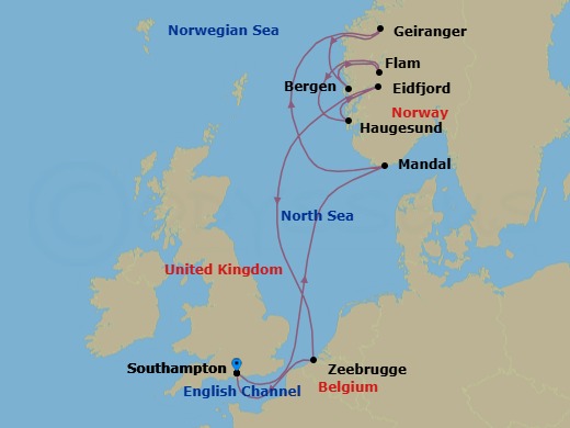 11 Night - A Journey of Sunlit Fjords, Waterfalls & Historic Harbour Towns - EXPLORA IV - Starting in Southampton, Mandal, Geiranger, Norway, Bergen, Flam, Norway, Haugesund, Eidfjord, Bruges (Zeebrugge), Southampton itinerary map