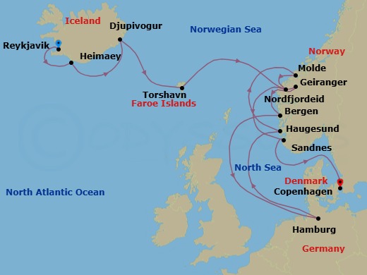 15 Night - An Extended Journey from Iceland to the Vibrant Heart of Copenhagen - EXPLORA V - Starting in Reykjavik, Heimaey, Djupivogur, Torshavn, Geiranger, Norway, Bergen, Hamburg, Haugesund, Molde, Nordfjordeid, Sandnes, Copenhagen itinerary map