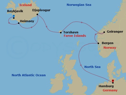 8 Night - A Journey from Iceland's Wild Frontiers to Northern Europe's Coastal Charms - EXPLORA V - Starting in Reykjavik, Heimaey, Djupivogur, Torshavn, Geiranger, Norway, Bergen, Hamburg itinerary map