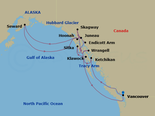 14 Night - An Extended Journey of Remote Alaskan Wilderness & Cultural Encounters - EXPLORA III - Starting in Vancouver, Ketchikan, Klawock, Sitka, Juneau, Sailing the Hubbard Glacier, Seward, Hoonah, Skagway, Sailing the Tracy Arm Fjord, Endicott Arm (Dawes Glacier), Wrangell, Vancouver itinerary map