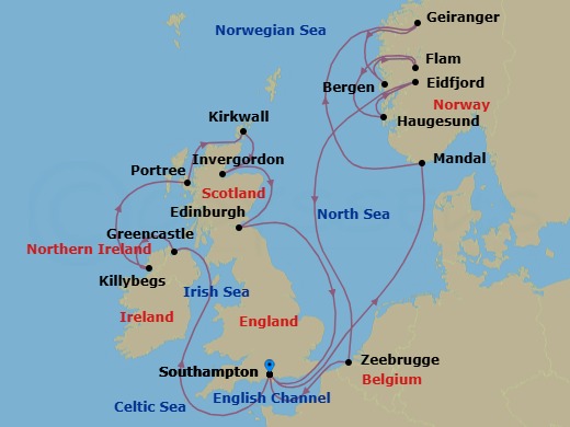 20 Night - An Extended Journey of Celtic Coasts, Highland Legends & Viking Legacies - EXPLORA IV - Starting in Southampton, Greencastle (County Donegal), Killybegs (County Donegal), Portree, Kirkwall, Invergordon, United Kingdom, Edinburgh, Southampton, Mandal, Geiranger, Norway, Bergen, Flam, Norway, Haugesund, Eidfjord, Bruges (Zeebrugge), Southampton itinerary map