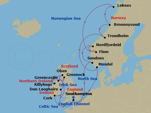 21 Night - An Extended Journey of Viking Legends, Irish Heritage & Scottish Culture - EXPLORA IV - Starting in Southampton, Mandal, Trondheim, Bronnoysund, Leknes (Lofoten Islands), Flam, Norway, Nordfjordeid, Sandnes, Southampton, Cork, Dun Laoghaire, Greencastle (County Donegal), Killybegs (County Donegal), Oban UK, Glasgow (Greenock), Southampton itinerary map