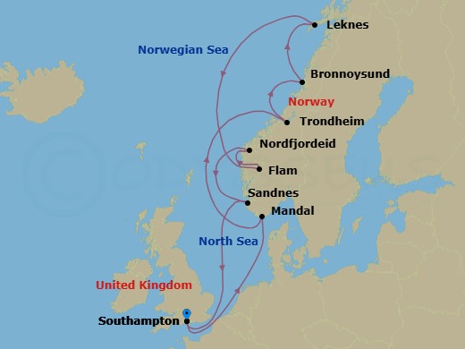 12 Night - A Journey of Scenic Fjords, Ancient Legends & Coastal Splendour - EXPLORA IV - Starting in Southampton, Mandal, Trondheim, Bronnoysund, Leknes (Lofoten Islands), Flam, Norway, Nordfjordeid, Sandnes, Southampton itinerary map