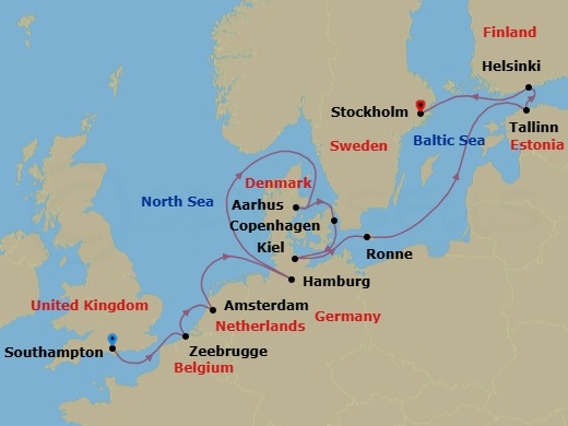 13 Night - An Extended Journey from Medieval Canals to Nordic Design - EXPLORA V - Starting in Southampton, Bruges (Zeebrugge), Amsterdam, Hamburg, Aarhus, Copenhagen, Kiel, Ronne, Tallinn, Helsinki, Stockholm itinerary map