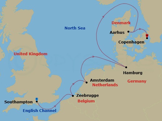 7 Night - A Journey from English Shores to Amsterdam's Canals & Copenhagen's Colourful Streets - EXPLORA V - Starting in Southampton, Bruges (Zeebrugge), Amsterdam, Hamburg, Aarhus, Copenhagen itinerary map