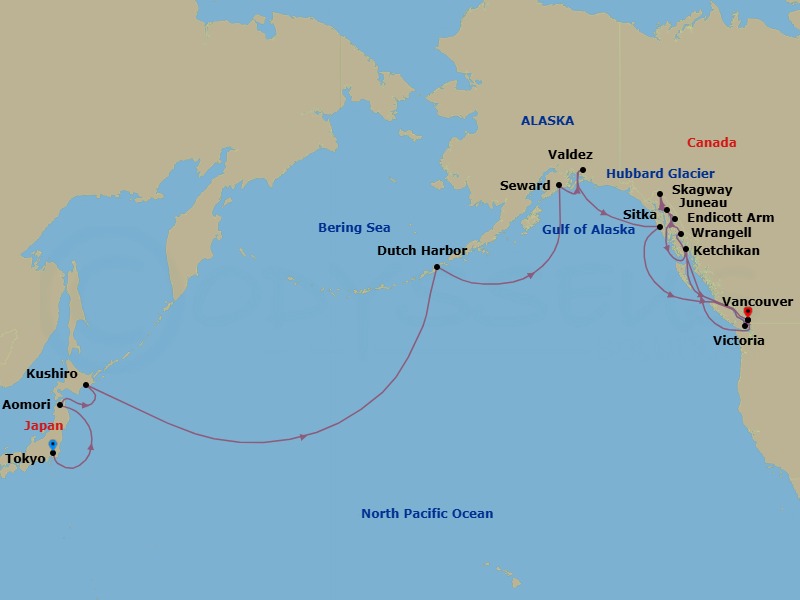 24 Night - A Grand Journey from Japanese Shores to Alaskan Wilderness - EXPLORA III - Starting in Tokyo, Aomori, Kushiro, Dutch Harbor, Seward, Valdez, Sailing the Hubbard Glacier, Sitka, Victoria CA, Vancouver, Wrangell, Juneau, Skagway, Sailing the Tracy Arm Fjord, Endicott Arm (Dawes Glacier), Ketchikan, Vancouver itinerary map