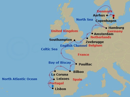 14 Night - A Grand Journey from Lisbon to the Vibrant Streets of Copenhagen - EXPLORA V - Starting in Lisbon, Porto (Leixoes), La Coruna (a Coruna), Bilbao, Pauillac, Southampton, Bruges (Zeebrugge), Amsterdam, Hamburg, Aarhus, Copenhagen itinerary map