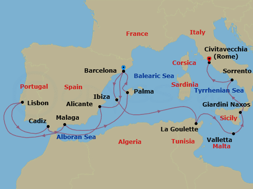 16 Night - An Extended Journey Through Southern Europe's Islands, Landmarks & History - EXPLORA II - Starting in Barcelona, Alicante, Lisbon, Cadiz, Malaga, Spain, Palma De Mallorca, Barcelona, Ibiza, Tunis / La Goulette, La Valletta, Giardini Naxos, Sorrento, Civitavecchia (Rome) itinerary map